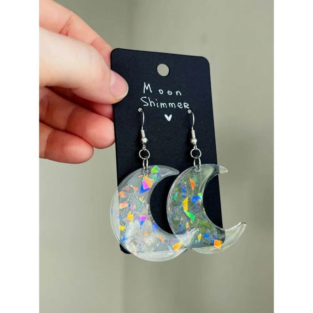Rainbow Crescent Moon Earrings, Clear Resin Celestial Dangles with Glitter
